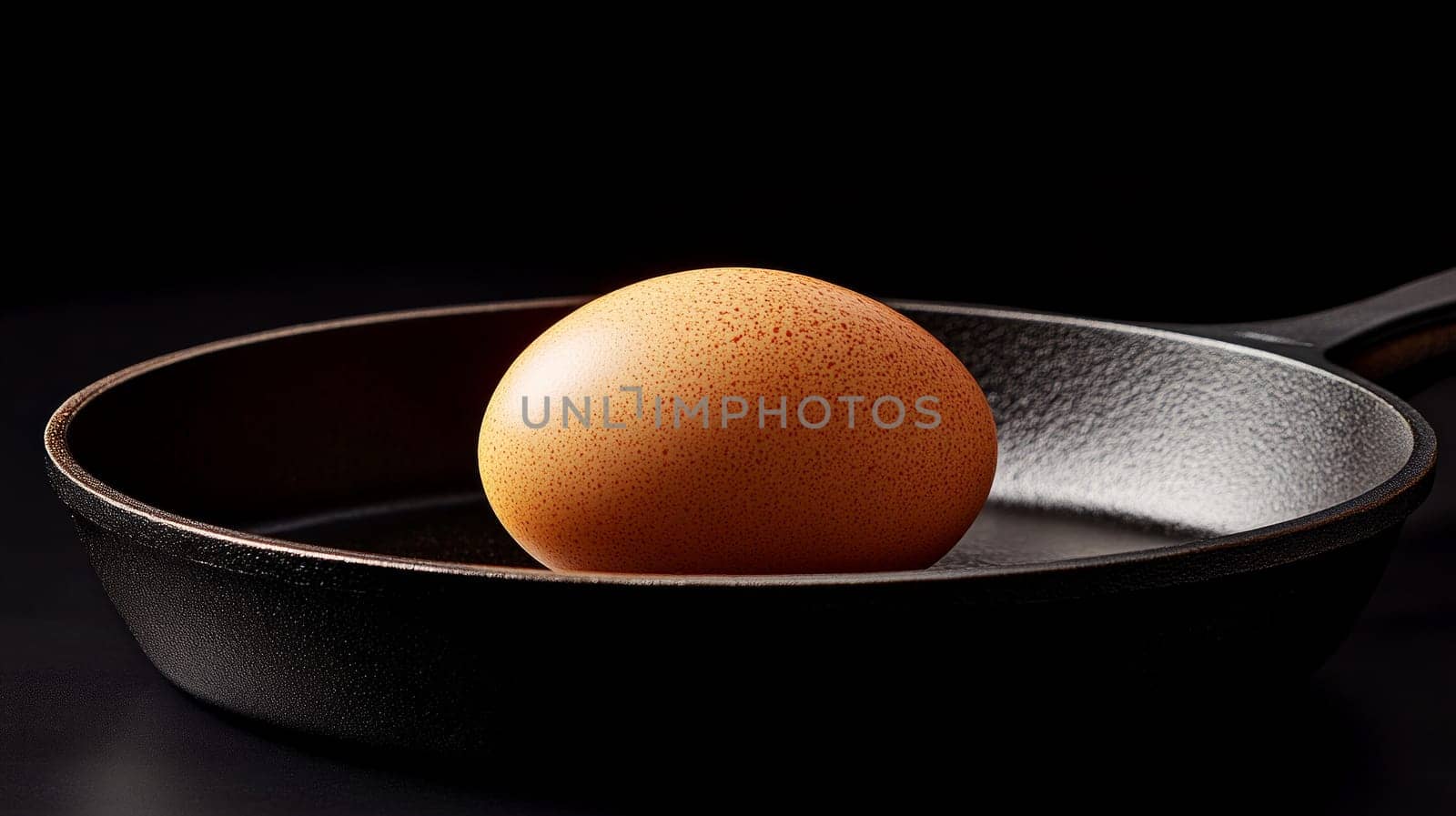 A solitary brown egg resting in a black cast iron skillet, set against a dramatic dark background, emphasizing simplicity and texture.