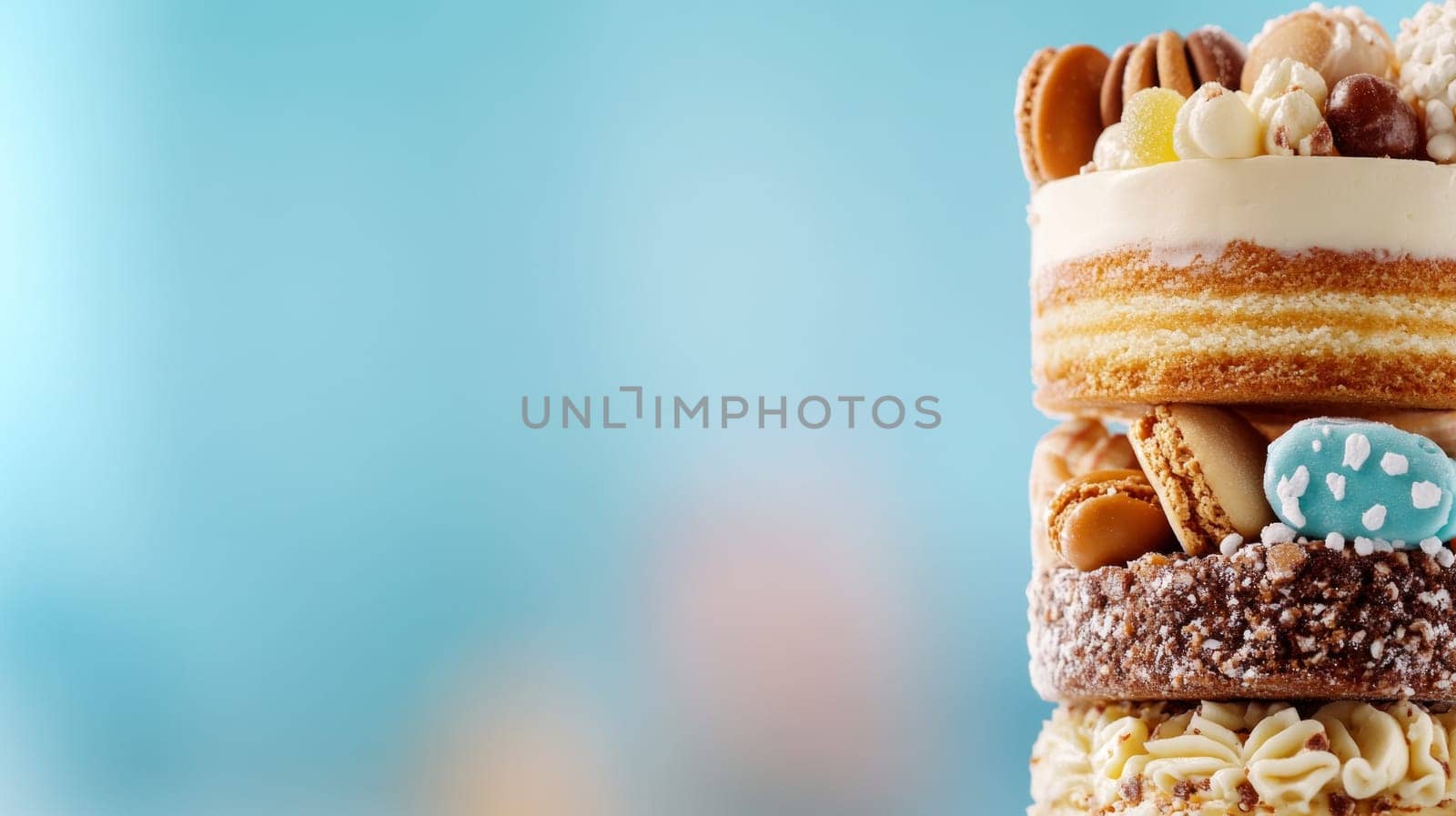 A tall, multi-layered cake adorned with cookies, nuts, and frosting, captured against a soft blue background with ample copy space.