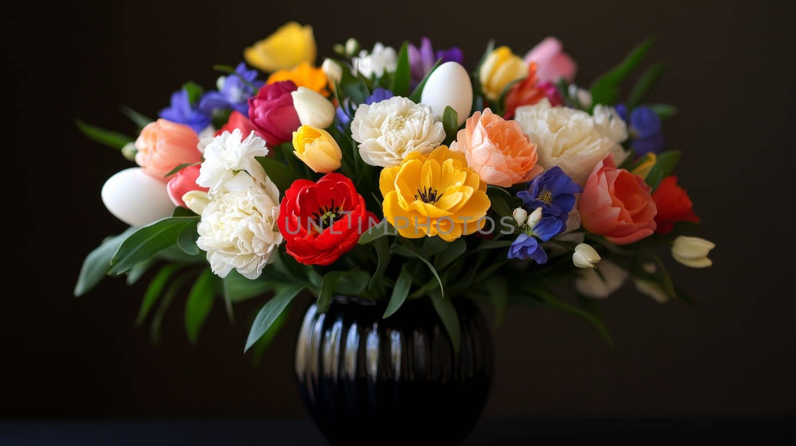 A rich arrangement of colorful flowers and hidden white Easter eggs in a black vase on a dark background. Festive and elegant.