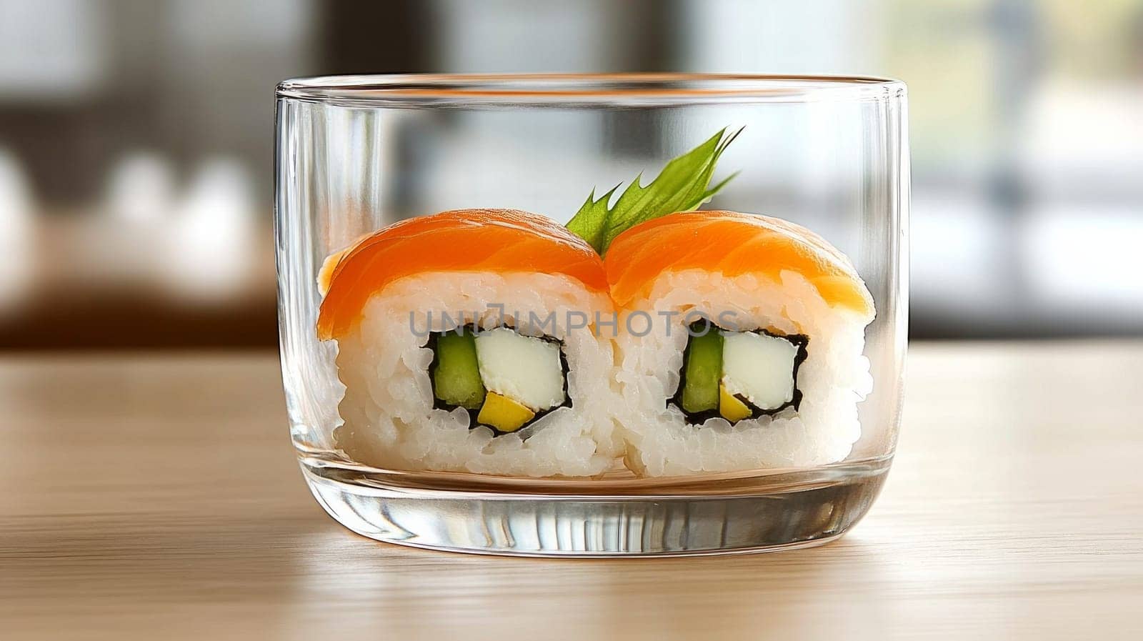 Two salmon sushi rolls with avocado and seaweed creatively presented in a clear glass bowl on a wooden surface with a soft blurry background.