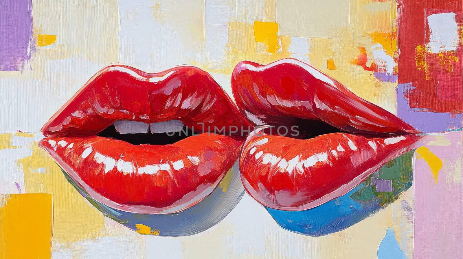 Two glossy red lips painted in bold detail, set against a colorful abstract background, blending pop art and modern aesthetics.