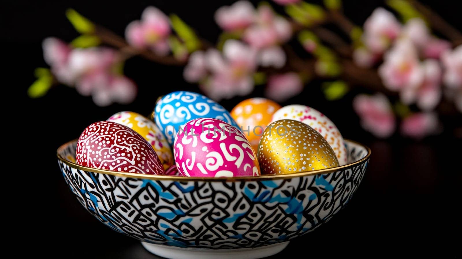 A beautifully patterned bowl filled with colorful and intricately designed Easter eggs, set against a dark background with cherry blossoms.