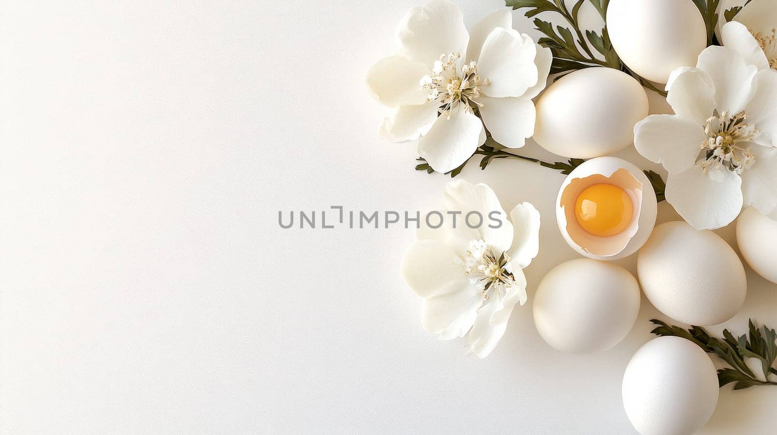 A delicate arrangement of white eggs, blossoms, and greenery, with one cracked egg revealing its yolk, placed on a soft white background. Copy space