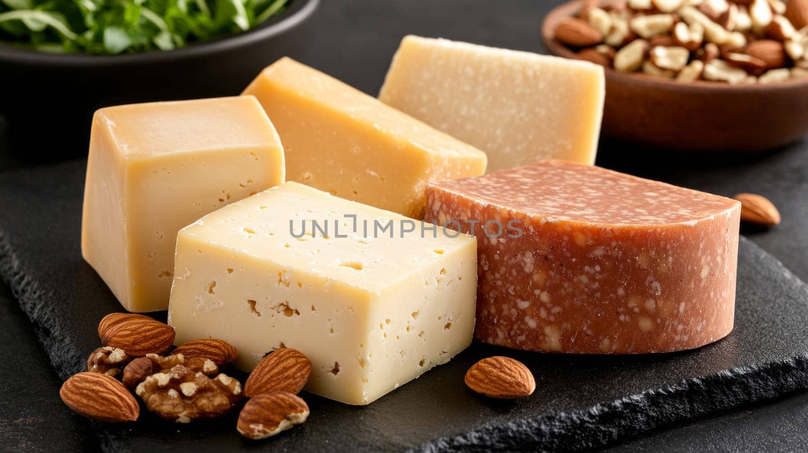 slices of different varieties of hard, soft and brown cheese, spread out on a stone board. a few walnuts and almonds