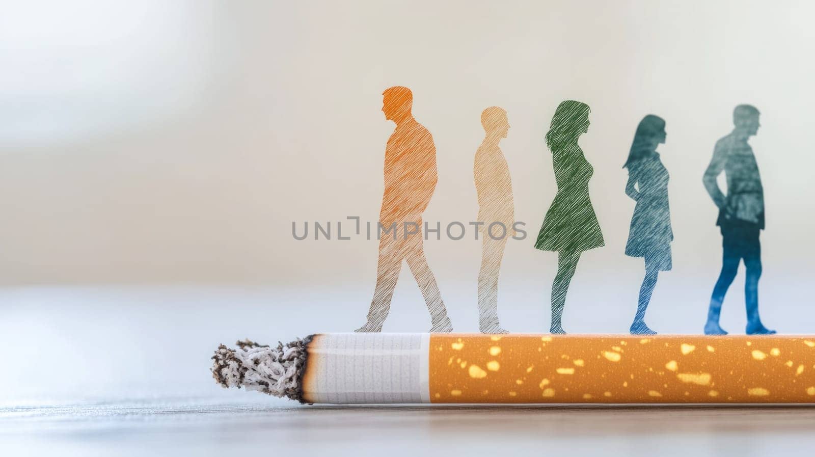 A cigarette burning down to reveal colorful human silhouettes fading into the air, symbolizing the harmful impact of smoking.