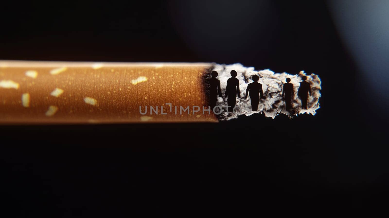 Close-up of a burnt cigarette showing silhouettes of people symbolizing the impact on health, against a dark background
