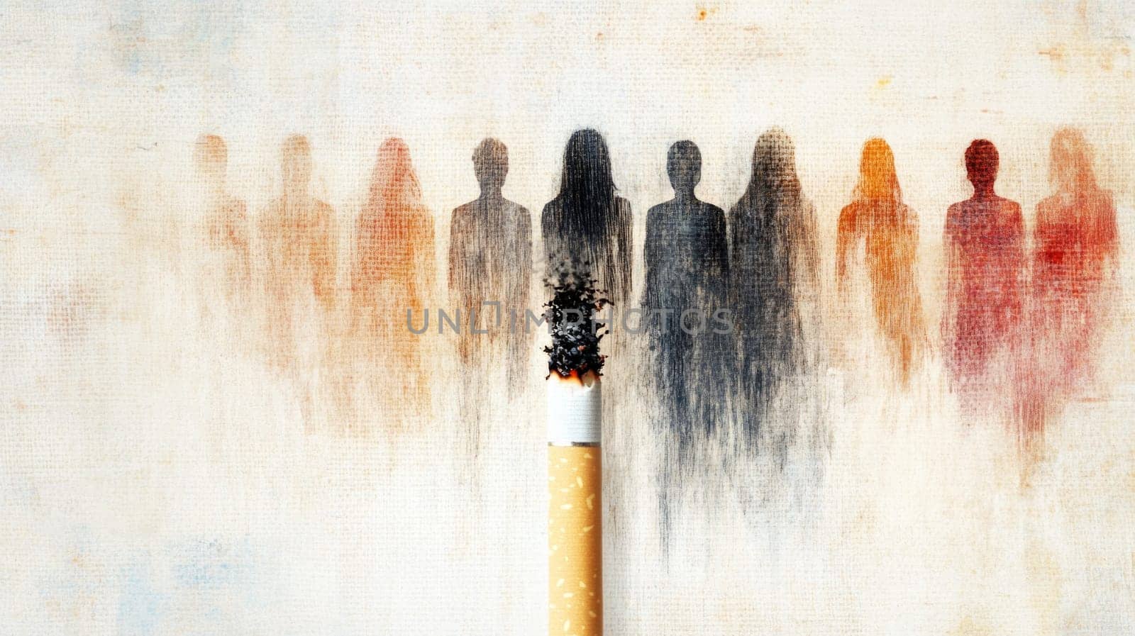 A burnt cigarette releasing smoke that forms fading human silhouettes in various shades, symbolizing the harmful effects of smoking.
