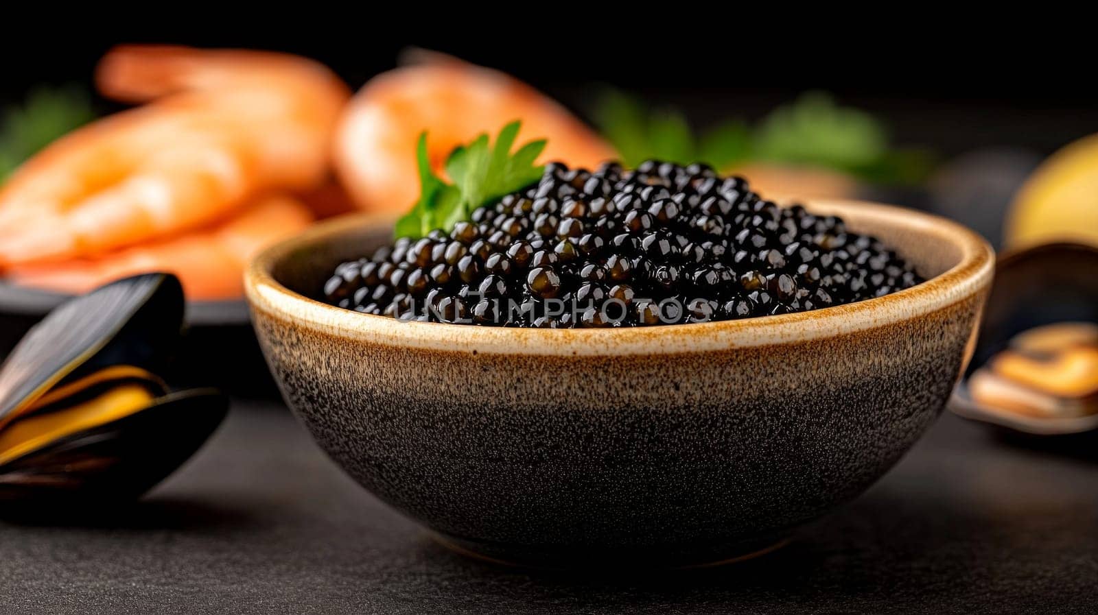 A rustic bowl filled with black caviar, garnished with parsley, surrounded by shrimp and mussels against a dark background.