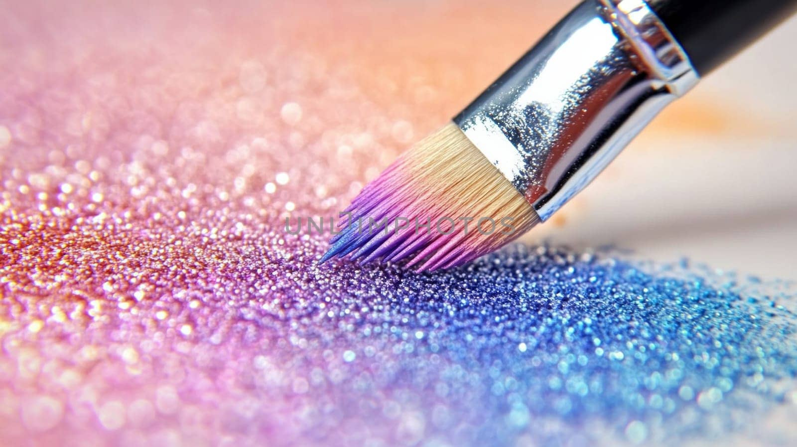 A close-up of a paintbrush with colorful glitter particles on a gradient surface, showcasing creativity and texture.