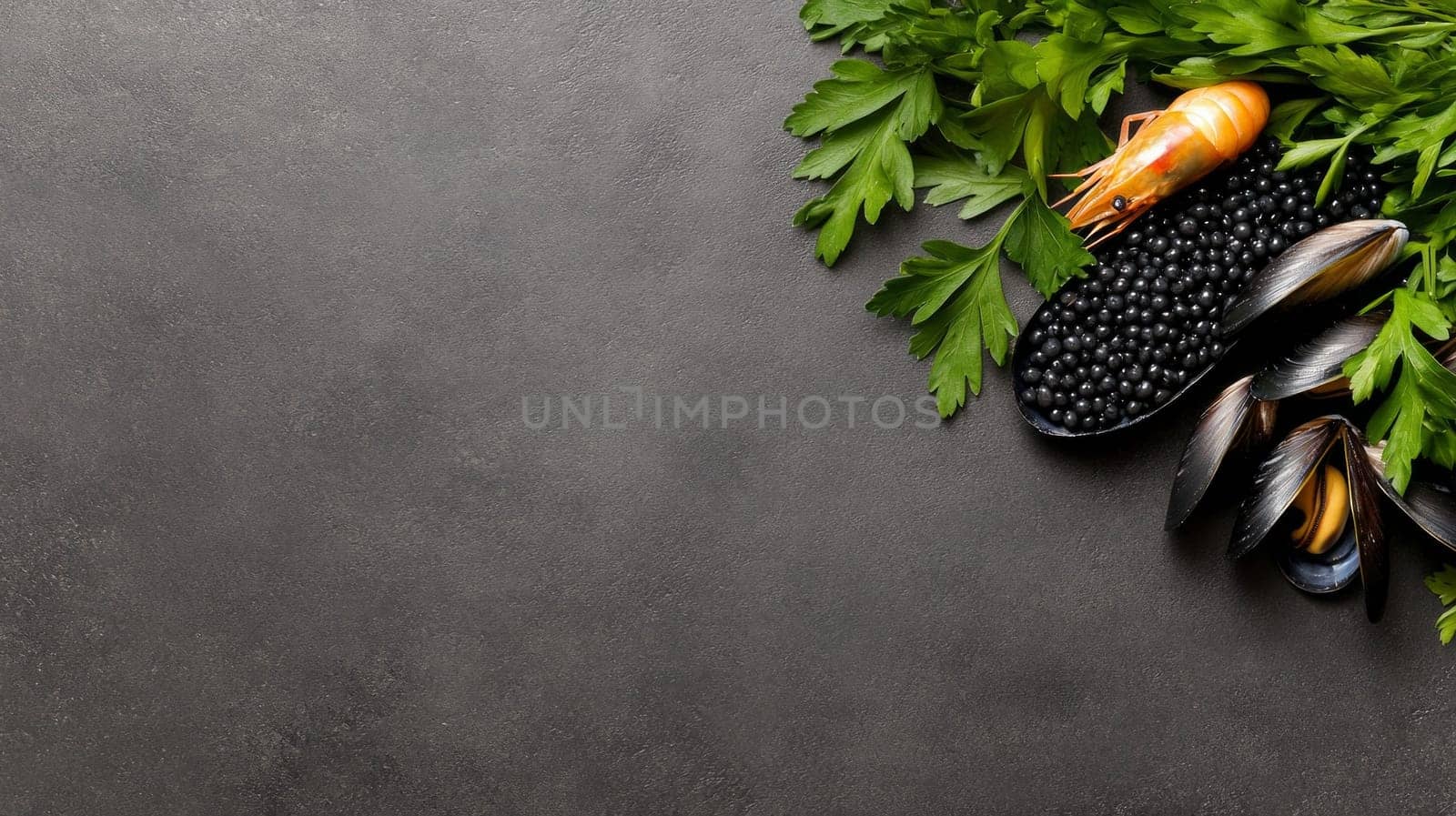 A composition of fresh mussels, shrimp, parsley, and caviar placed artistically on a dark textured surface. Copy space