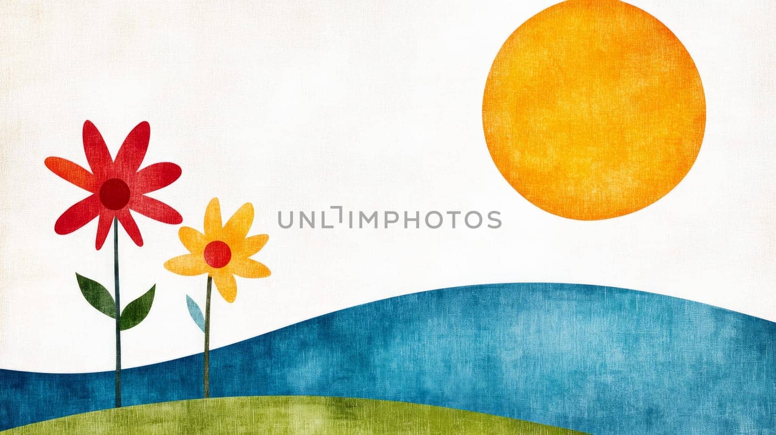 A cheerful and minimalist illustration of two flowers on rolling hills under a bright sun, in a textured, artistic style.