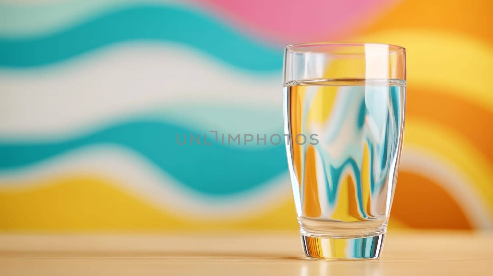 A crystal-clear glass of water reflecting colorful abstract waves in the background, creating a modern and artistic aesthetic.