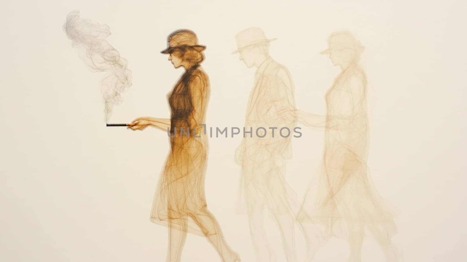 Women in motion, depicted in smoky, translucent layers, holding a cigarette, symbolizing the transience and effects of smoking.