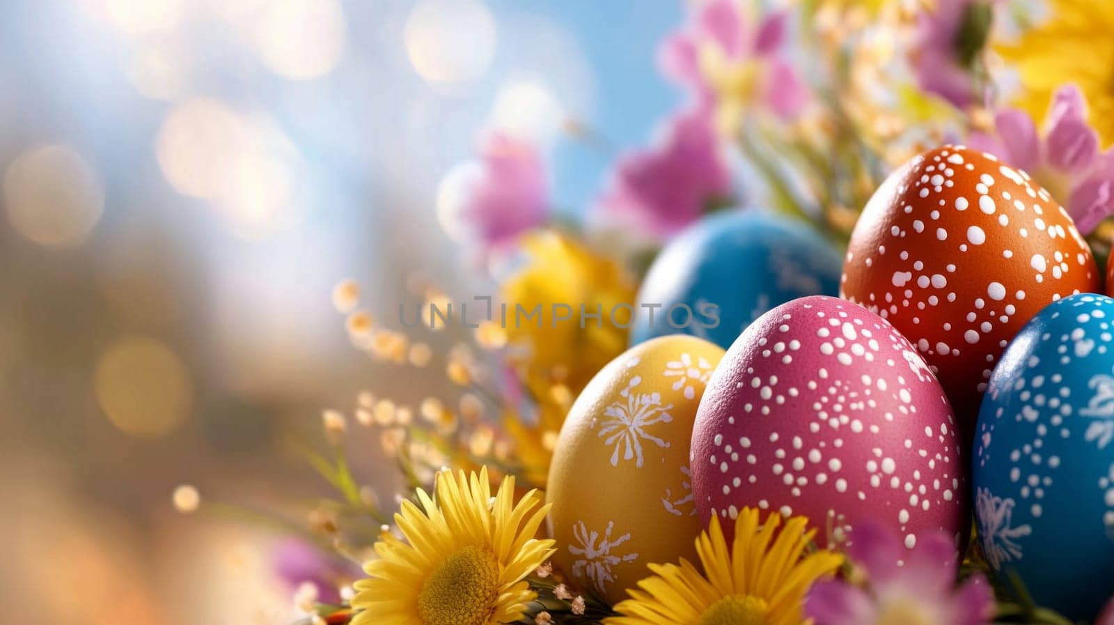 A colorful arrangement of painted Easter eggs nestled among spring flowers, with a soft blurred background and warm light bokeh.