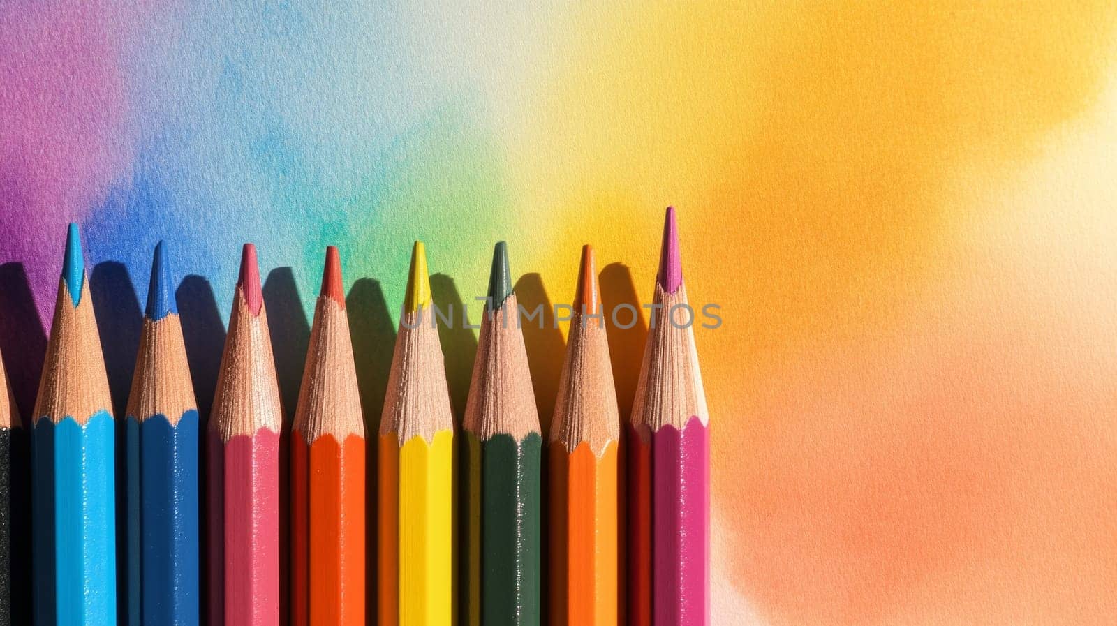 a row of sharpened colored pencils standing upright and casting shadows on a bright paper background.