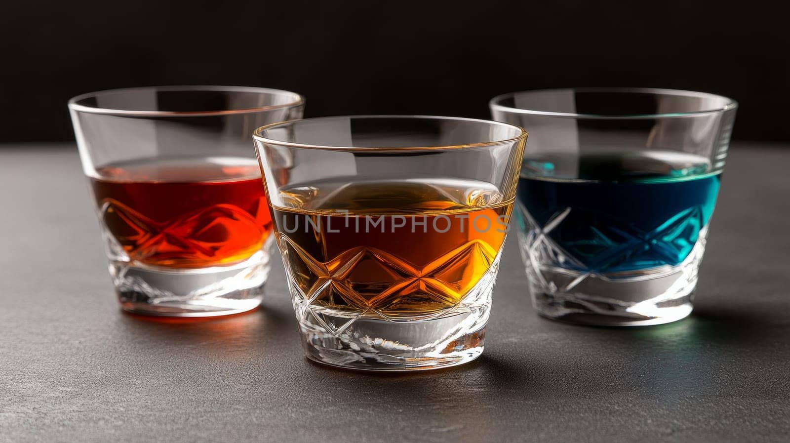 A row of three crystal glasses filled with red, amber and blue drinks arranged on a dark surface with a luxurious aesthetic.