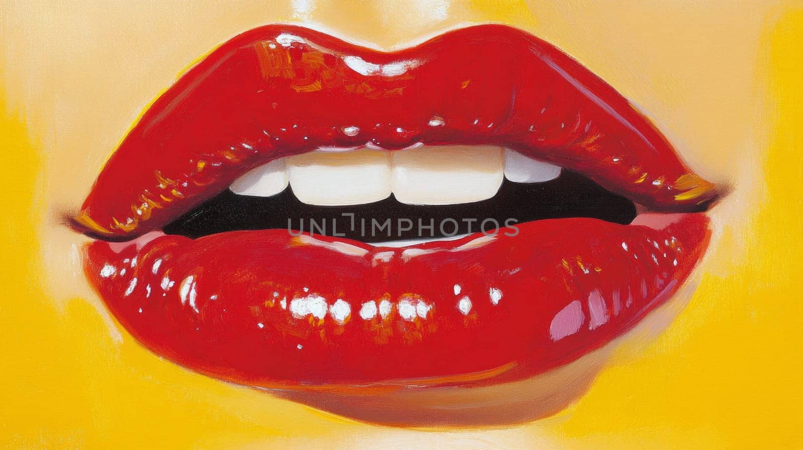 Close-up of vibrant, glossy red lips against a bright yellow background, emphasizing bold color and texture. Modern and striking.