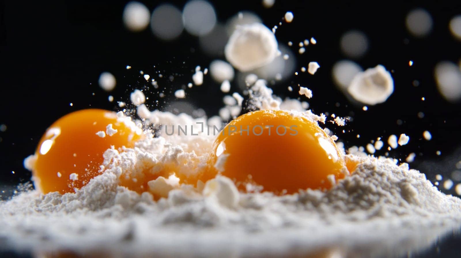 Two vibrant egg yolks resting in a pile of flour, with flour particles captured in motion, set against a dark background.