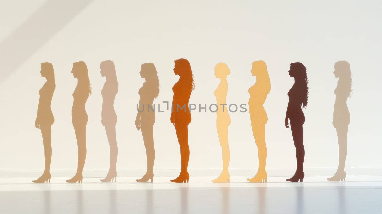 A row of female silhouettes in varying shades from light to dark, symbolizing diversity, unity, and empowerment, set against a soft gradient background.