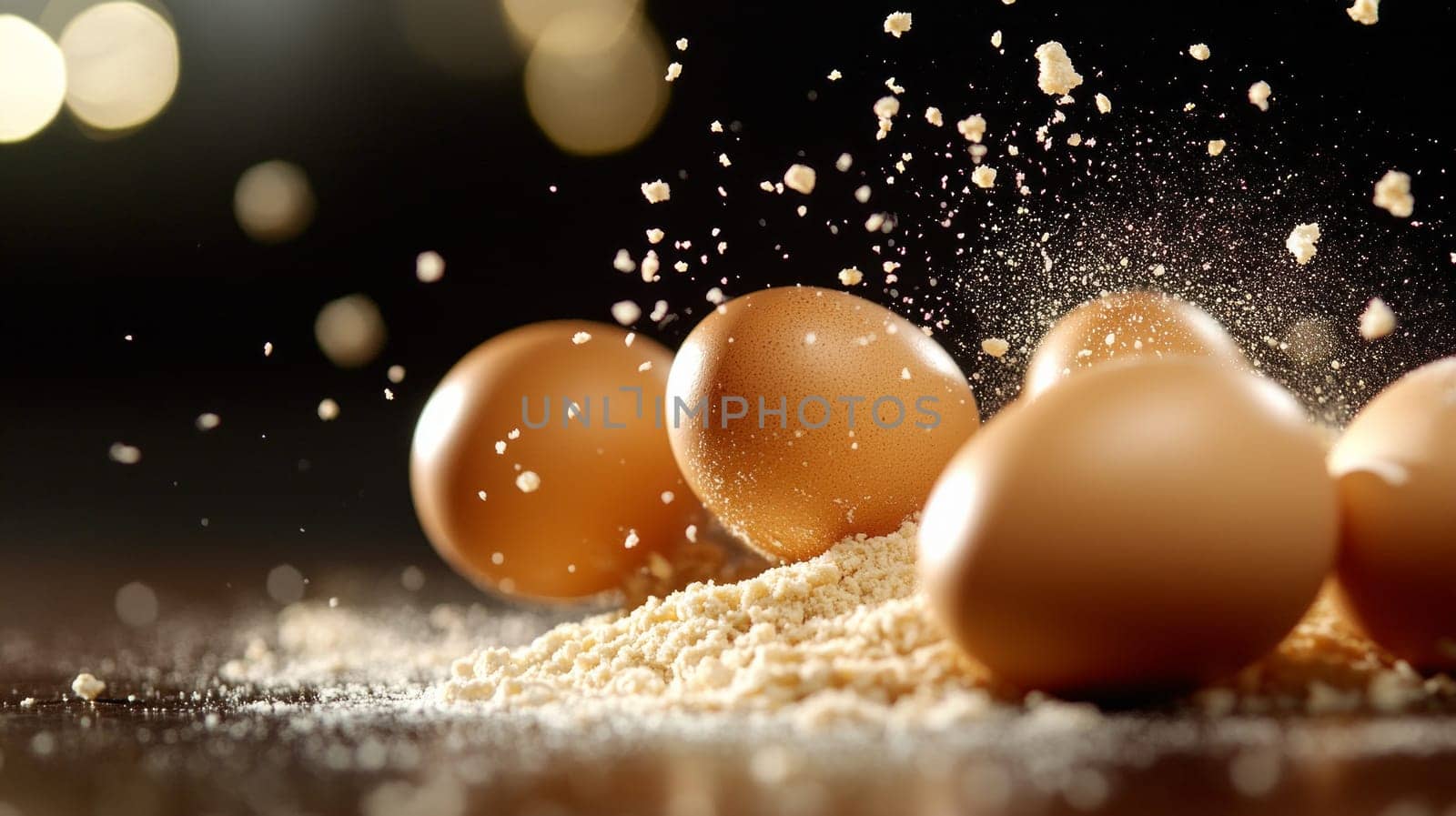 A collection of fresh brown eggs surrounded by flour, with dramatic lighting and flour particles suspended in the air.