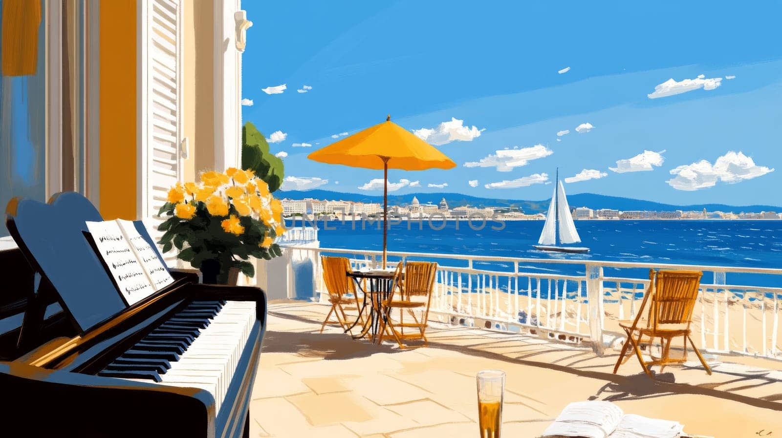 A scenic coastal balcony featuring a piano, a table with chairs, and an umbrella, overlooking the ocean with a sailboat under a clear blue sky.