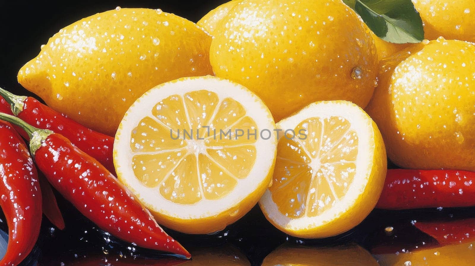 bright yellow lemon slices and hot red chili peppers, on a mirror surface.
