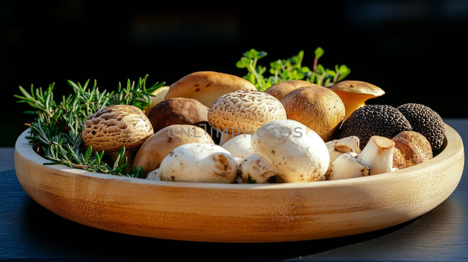 A wooden platter filled with a variety of fresh mushrooms, including truffles, garnished with sprigs of green herbs. Rustic and natural setting.
