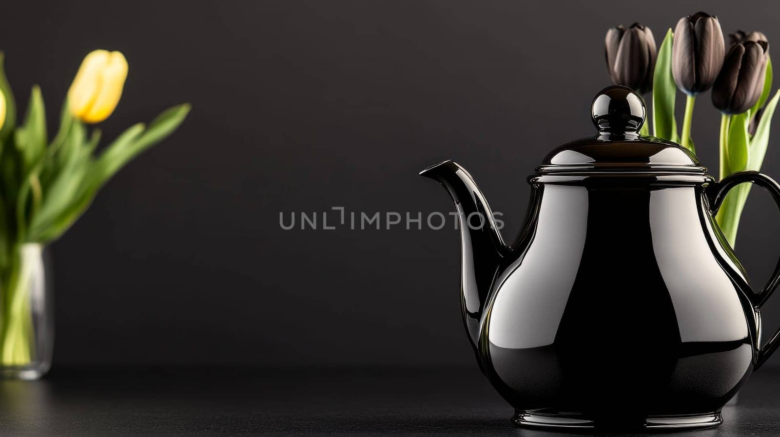 A glossy black teapot displayed alongside vibrant tulips in vases, set against a dark minimalist background. Copy space