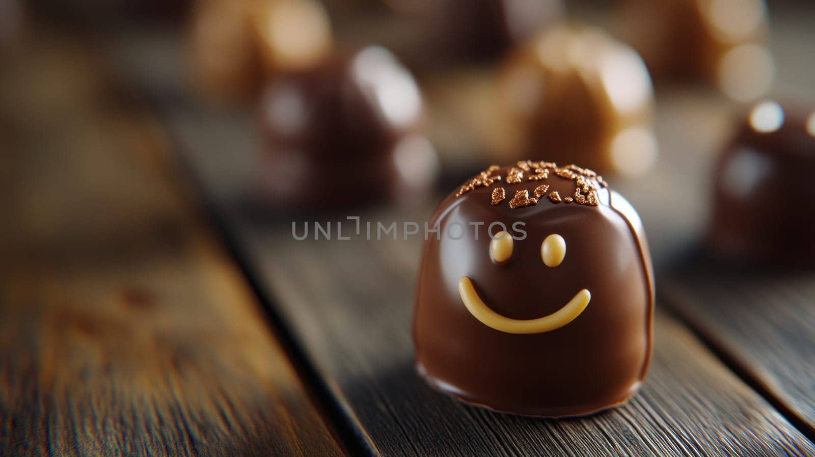 A playful chocolate truffle decorated with a smiley face, set on a rustic wooden surface, with blurred truffles in the background.