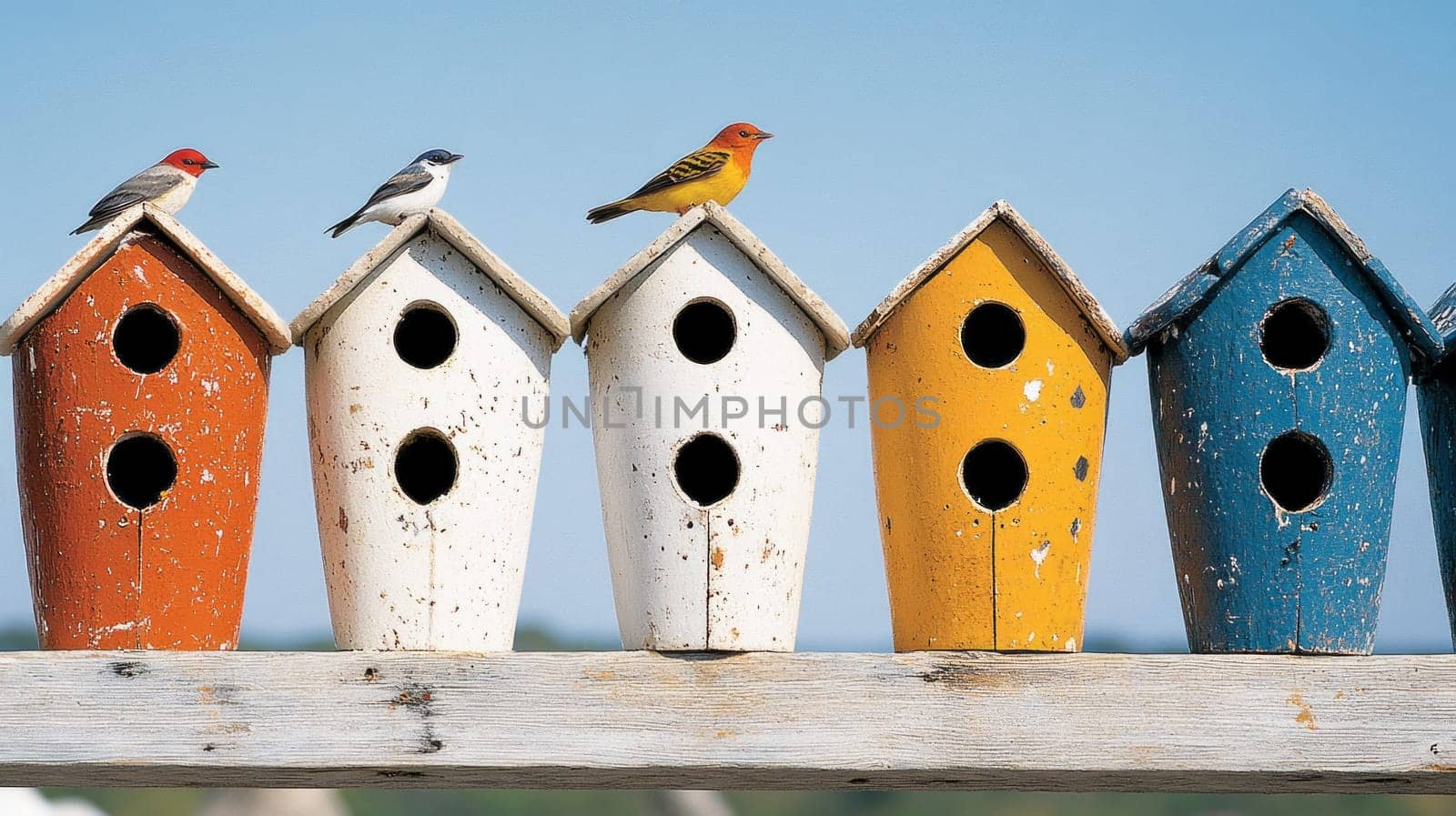Miniature birdhouses on which small birds sit. A combination of bright and muted colors against a light blue sky.