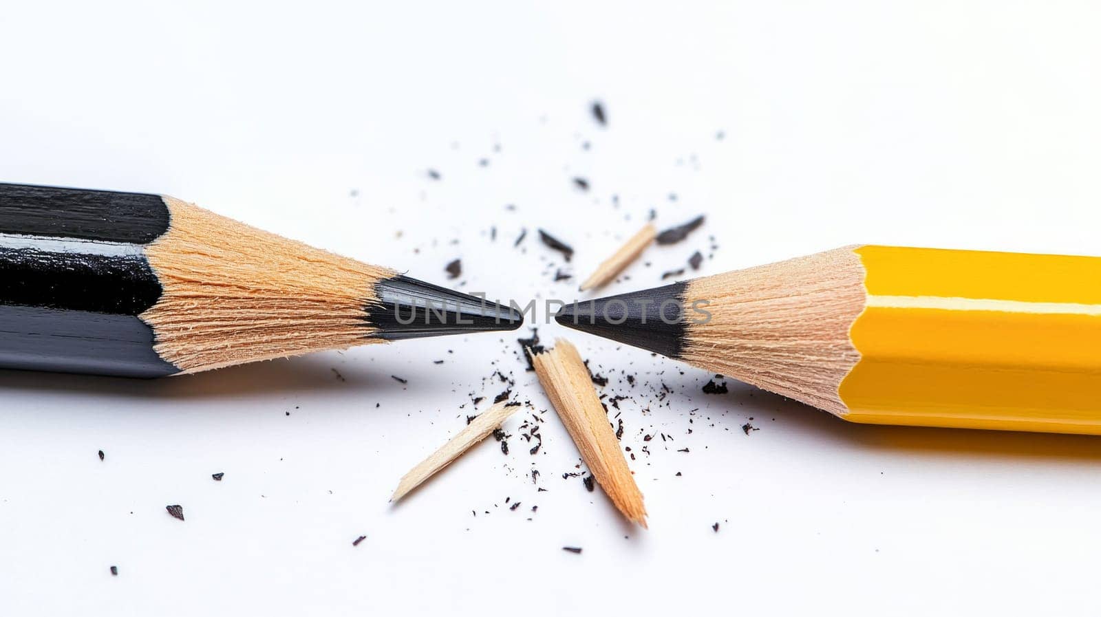 Close-up of two pencils, black and yellow, sharpened and surrounded by scattered shavings on a white background. Copy space.