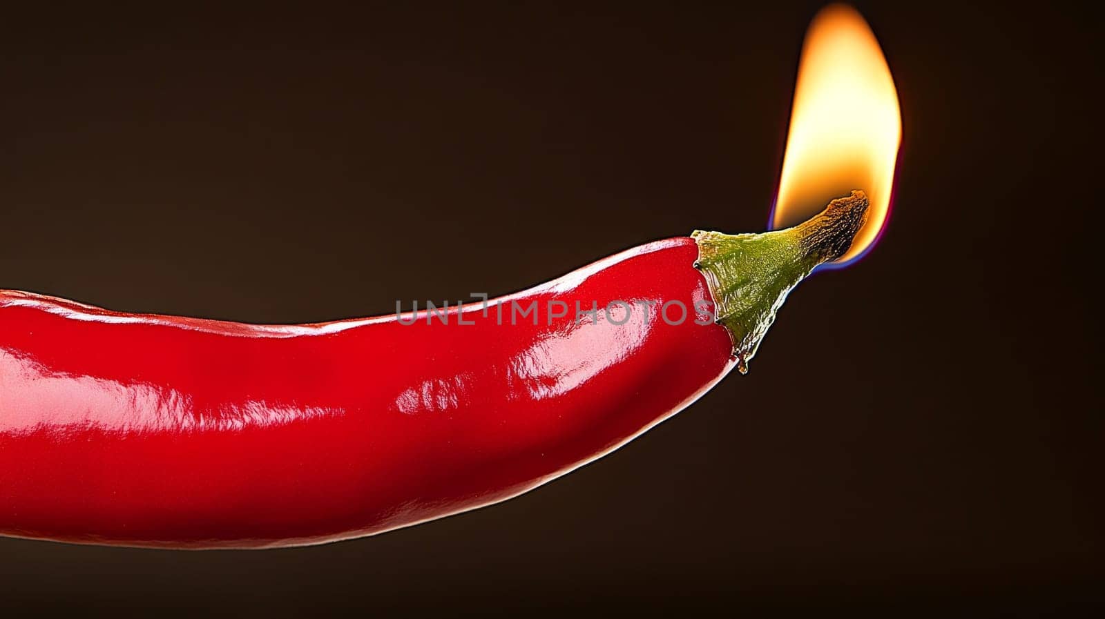 A single red chili pepper with a burning flame at the stem, symbolizing warmth and spice, against a dark background for dramatic effect.