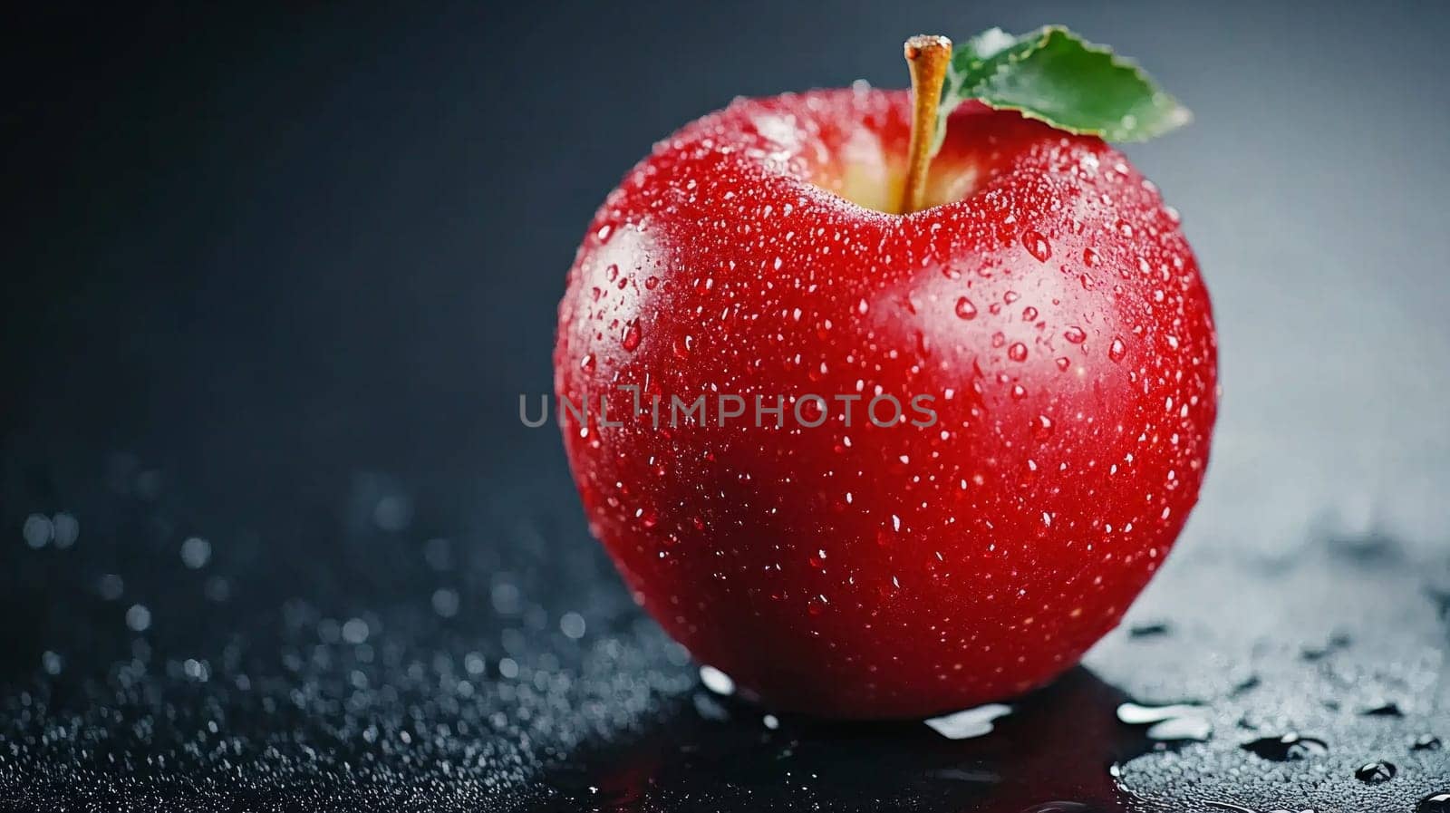 A glistening red apple with water droplets and a green leaf, placed against a dark background. Crisp and refreshing. Copy space