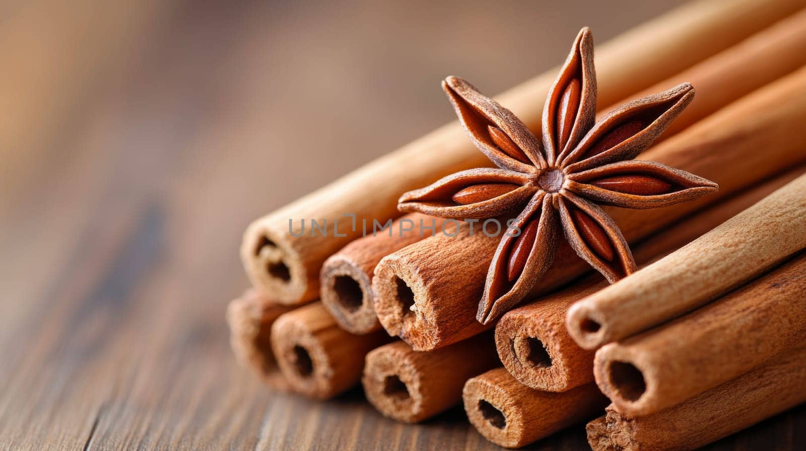 Close-up of star anise resting on a cinnamon stick. on a wooden table