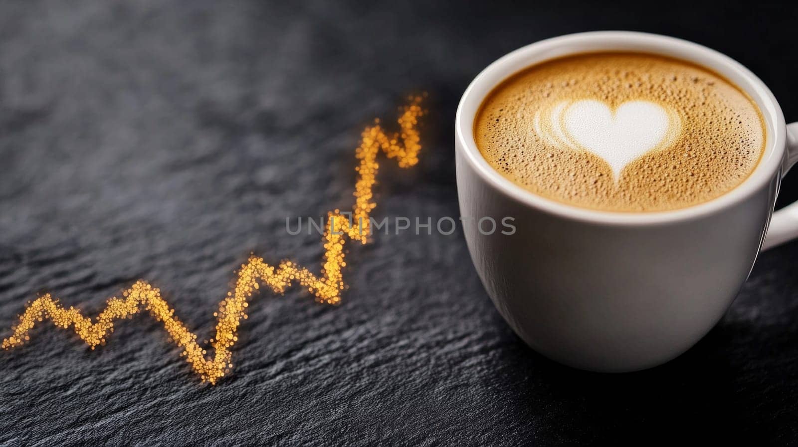 A cup of coffee on a plain background with a line of energetic pulse or heartbeat, symbolizing the instant burst of energy from drinking coffee.