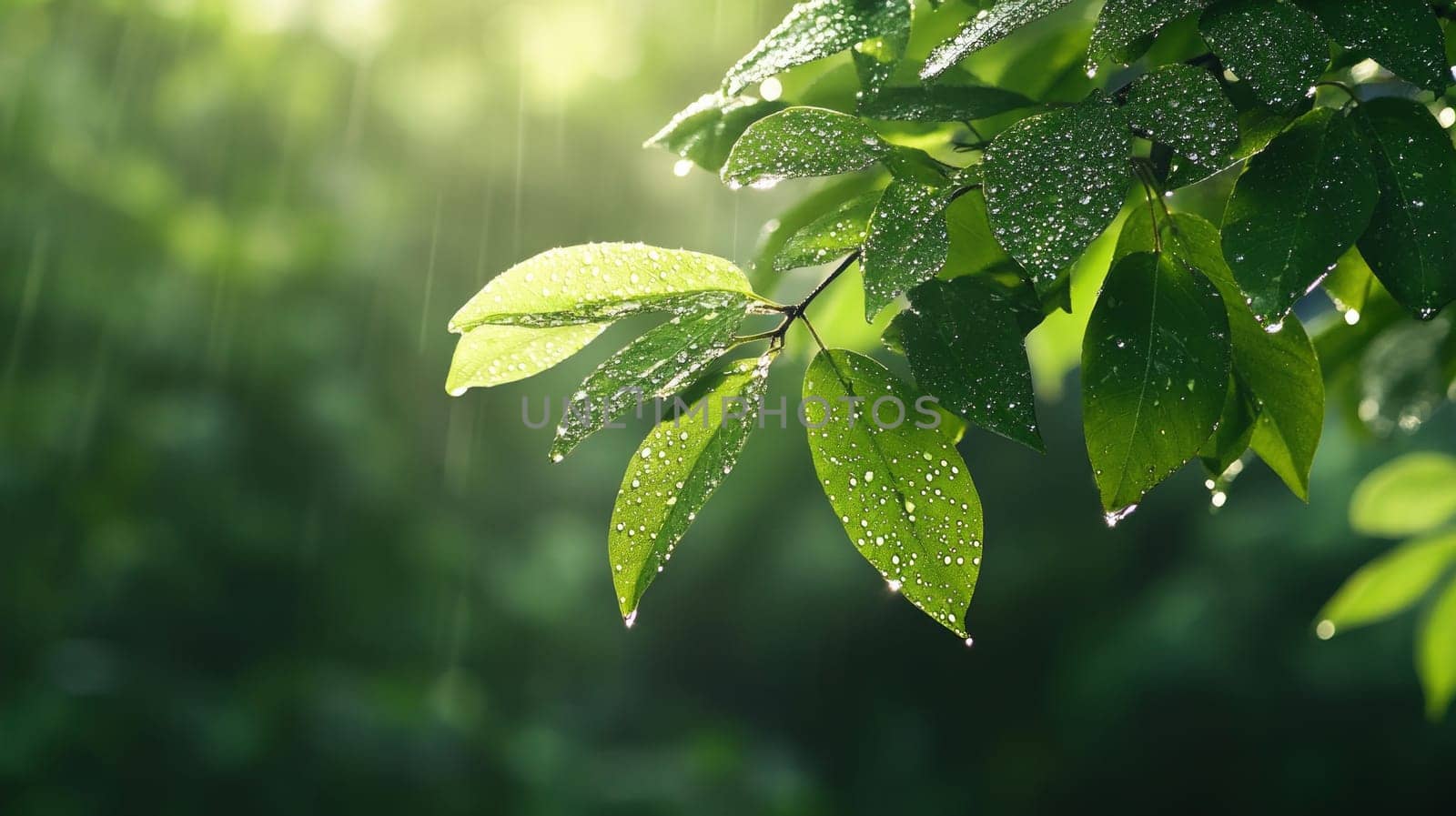 Close up of vibrant green leaves covered in water droplets during a light rain, against a lush and tranquil natural background.