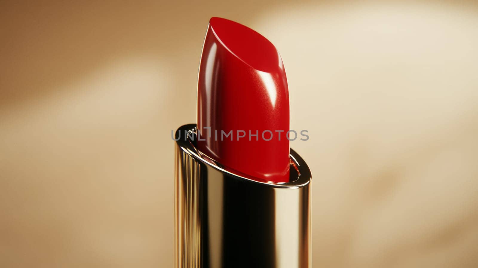 A close-up of a vibrant red lipstick in a golden tube, set against a soft beige background. Elegant and classic design. Copy space