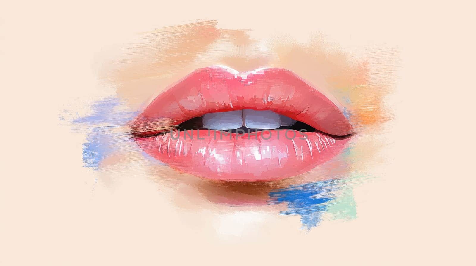 A close-up of glossy pink lips with artistic pastel brushstrokes surrounding them, set against a soft beige background.