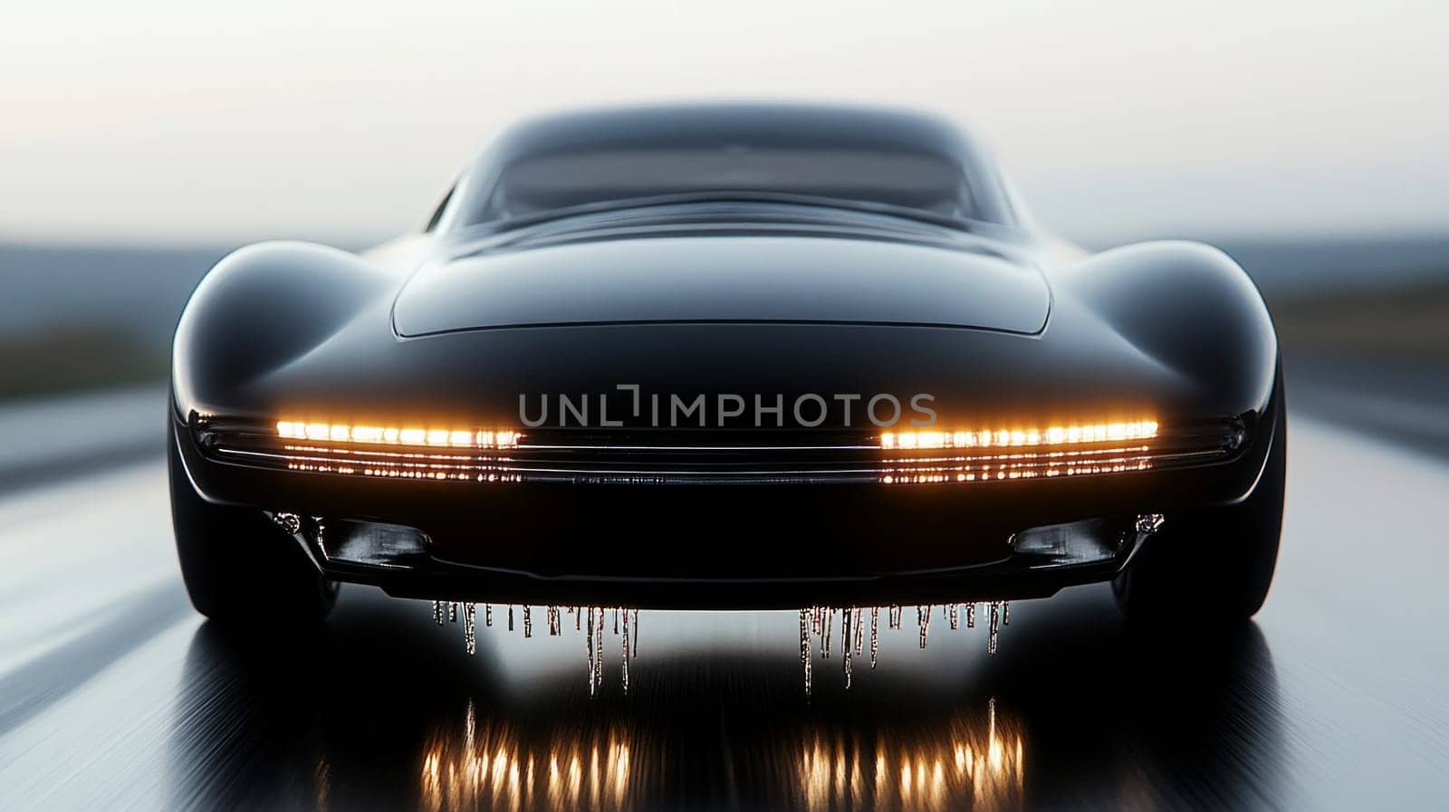 A sleek black futuristic car.Sleek body made of mirror metal and glass, water drips from above, freezing at the bottom, with minimalist LED strips instead of headlights.
