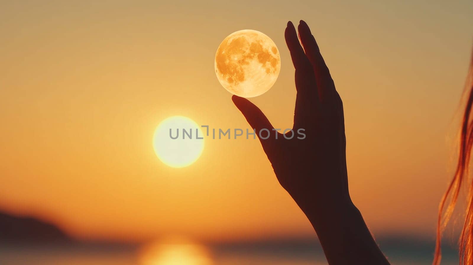 Close-up of a hand touching the moon as the sun sets in the distance, creating a surreal celestial composition.. Symbolism of striving for the unattainable.