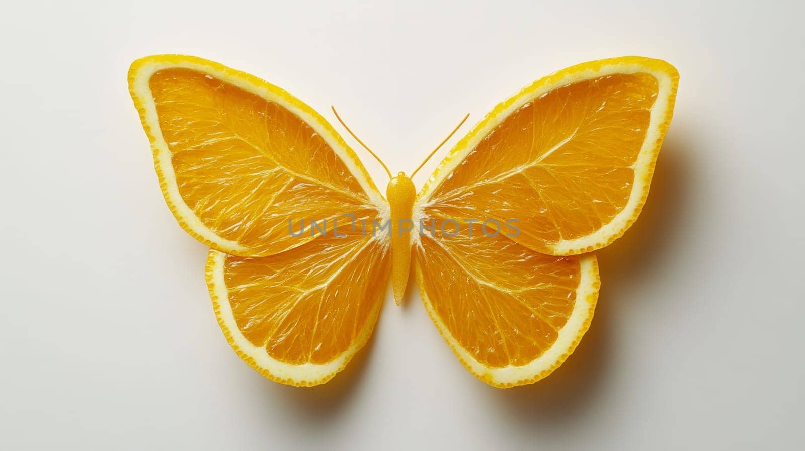 A butterfly with wings made of orange slices, organically combining the textures of the butterfly's body and juicy fruits.