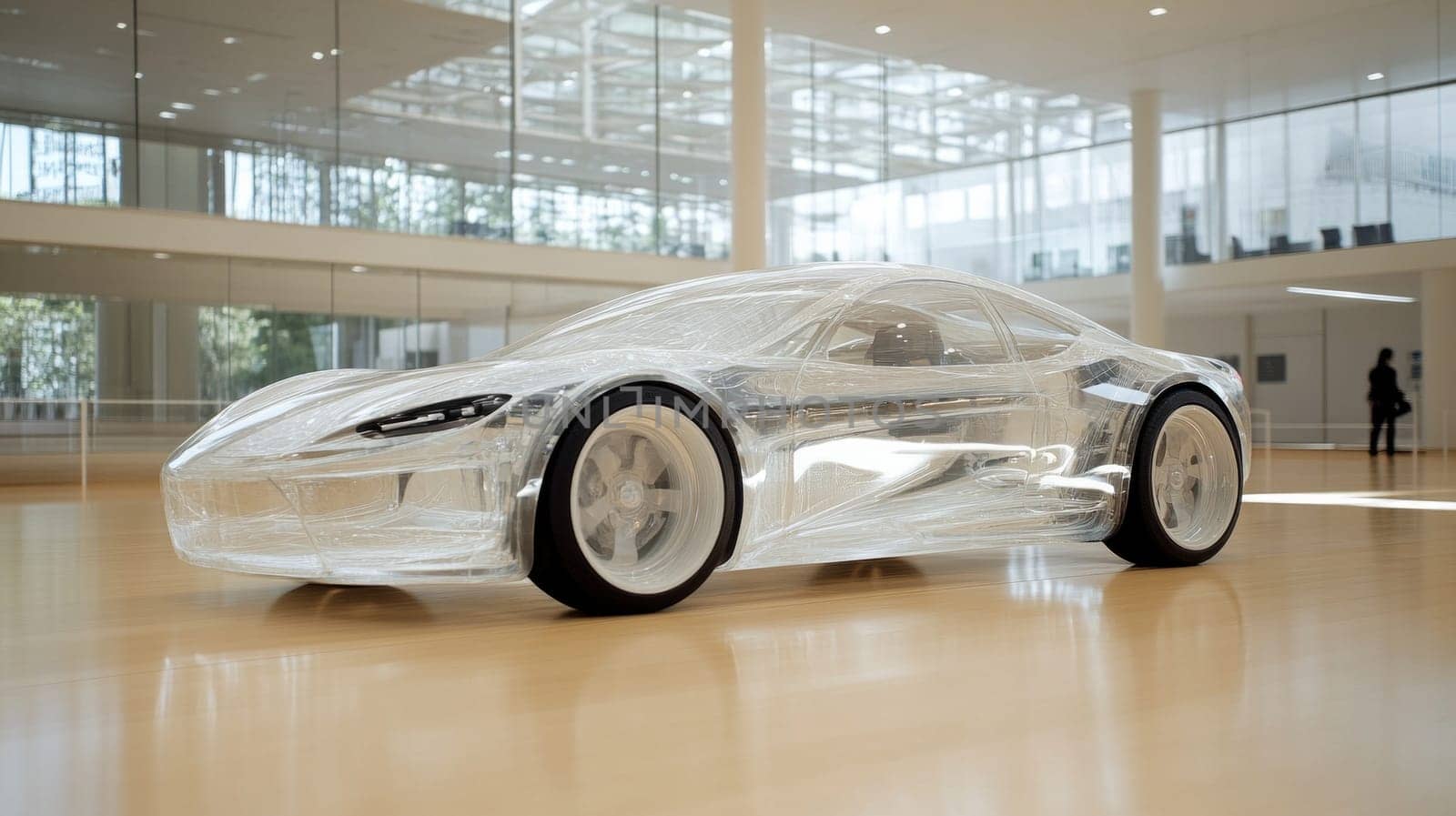 Glass Capsule Mobile. A completely transparent car with smooth glass panels that can change transparency. The car is shaped like a capsule in a bright, modern showroom