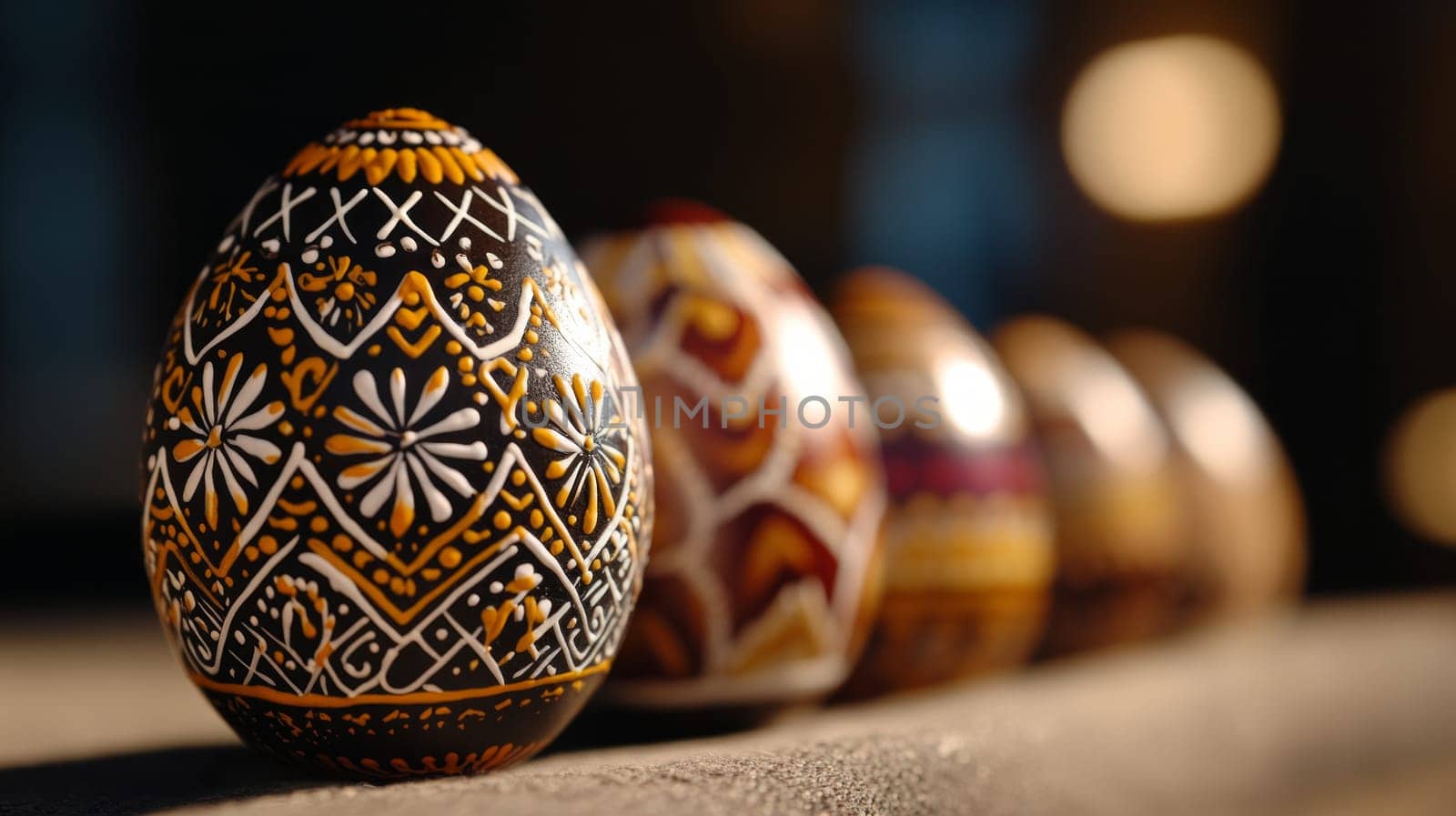 a row of eggs, each uniquely decorated and representing different cultural symbols, such as intricate henna patterns or traditional ornaments.