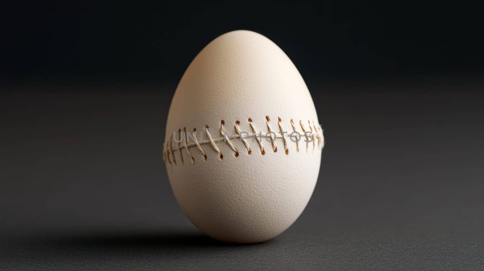 A white egg featuring detailed stitching resembling a baseball, placed upright on a dark surface with a soft gradient background.