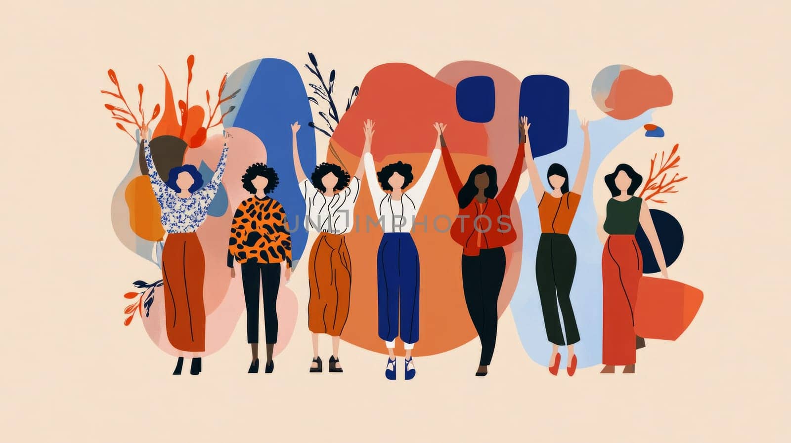 A group of women stands in front of a colorful abstract background that symbolizes unity and teamwork.