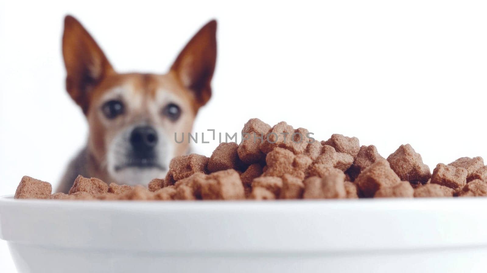 Against a white background, a lethargic-looking dog stares at a bowl full of processed pet food.