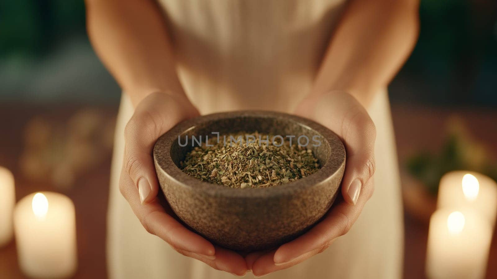 Close-up of herbalist's hands with dried herbs in a mortar and candles in a cozy, dimly lit room with a rustic atmosphere.