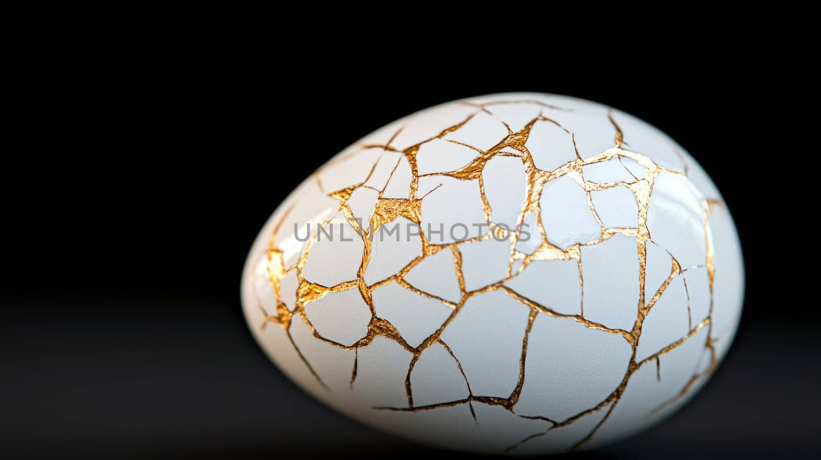 A white egg decorated with intricate gold cracks in the Japanese Kintsugi repair style, set against a black surface with a solid black background