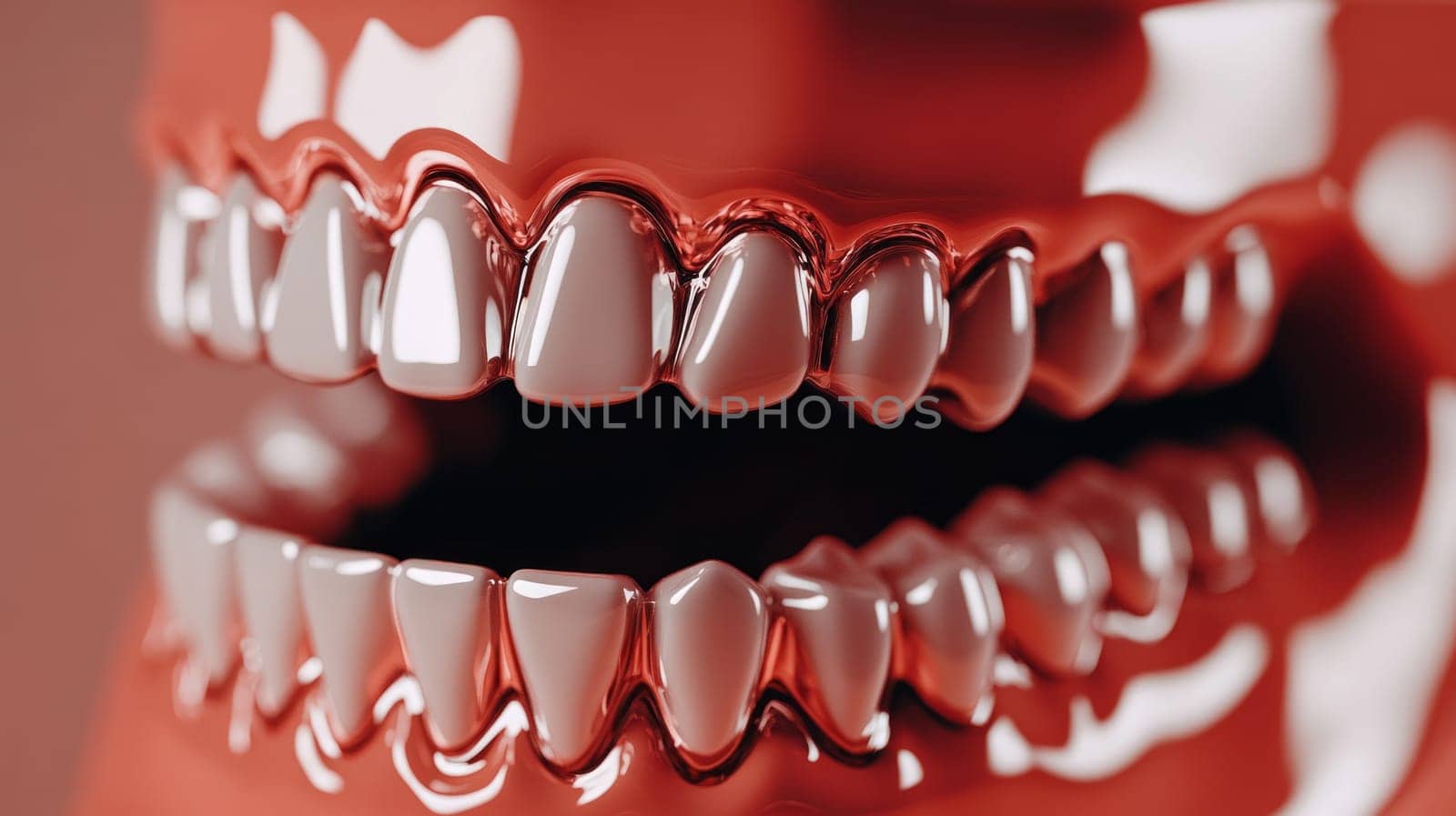 Plastic tooth and gum mockup shown from the front and showing the full contour of teeth and gums, evenly lit from all sides