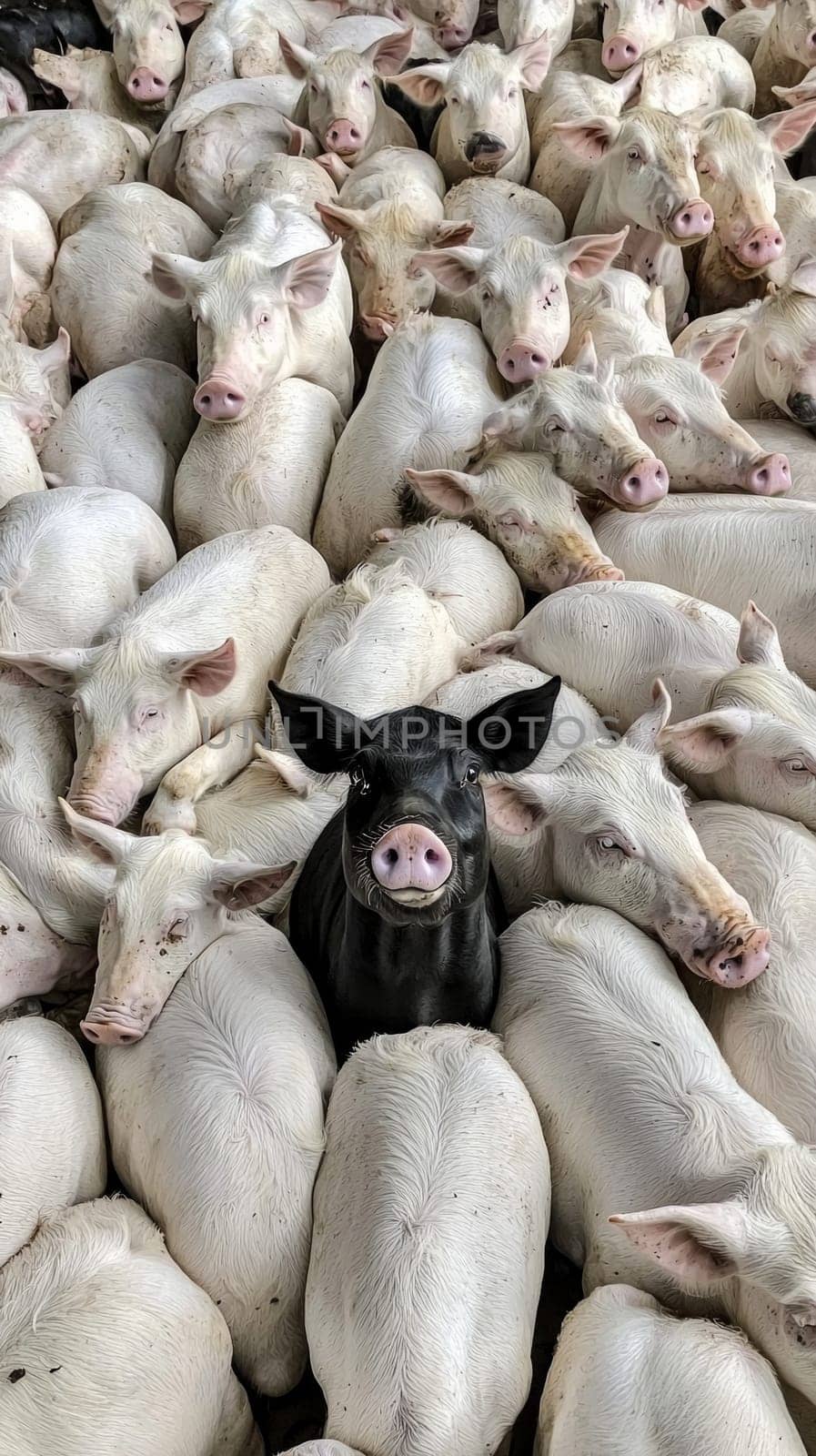 A massive herd of white pigs with a single black pig standing out in the center. View from above .the concept of dissimilarity